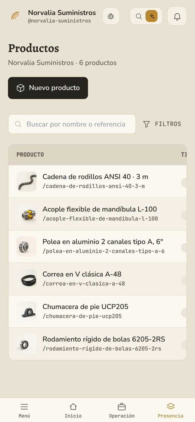 Pantalla de productos del panel de Merez con fotos, nombre y referencia