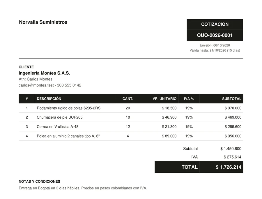 Cotización en PDF con tu marca, ítems, IVA y total